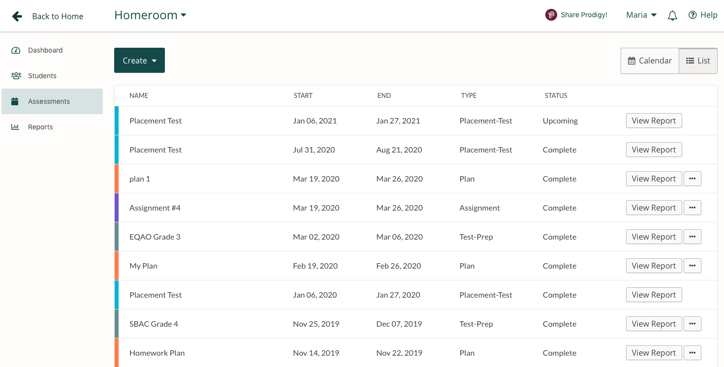 Image of assessment report in a Prodigy teacher account.