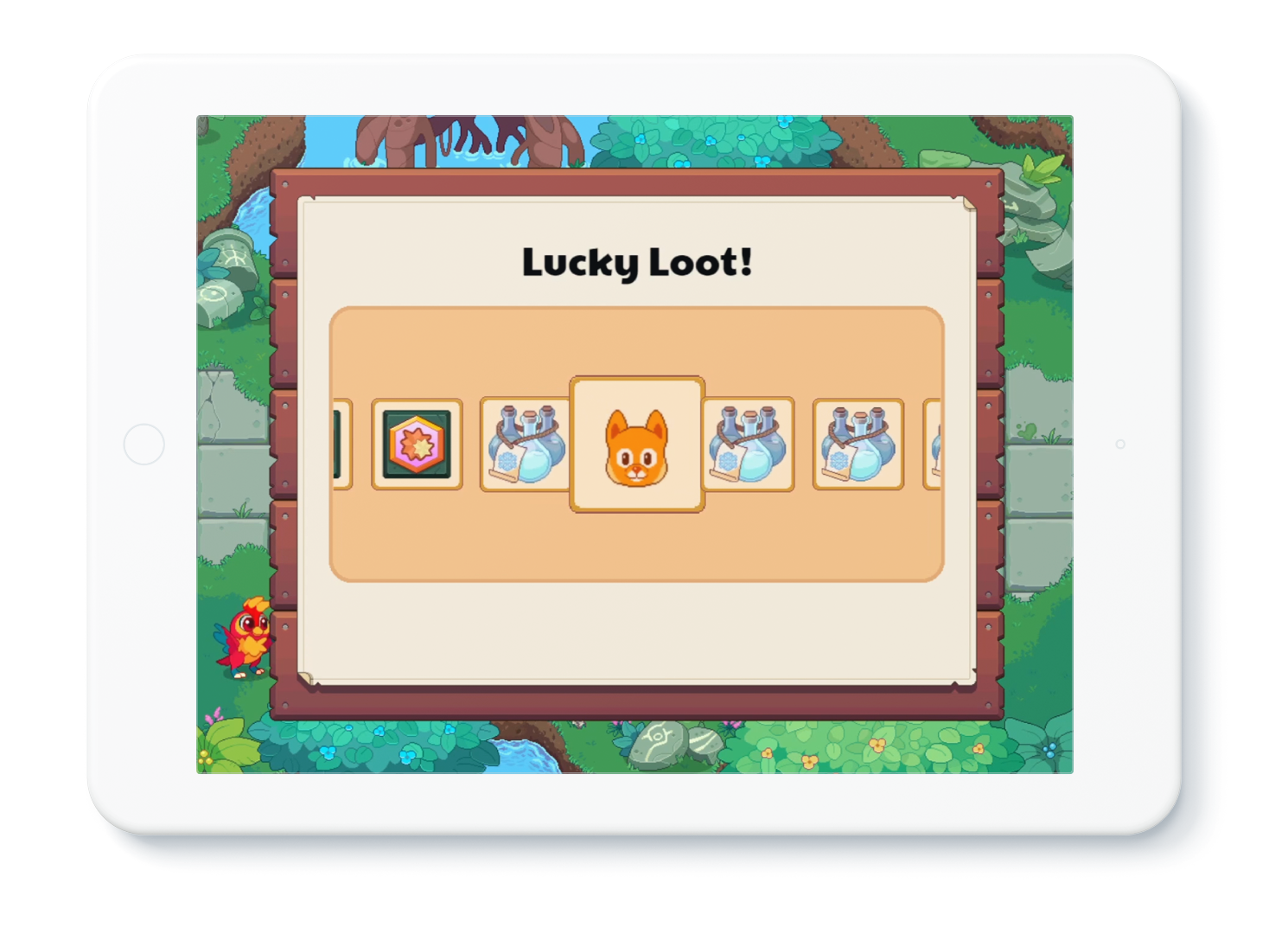 Illustration of tablet device with in-game loot on-screen. Text on screen says "Lucky Loot!"