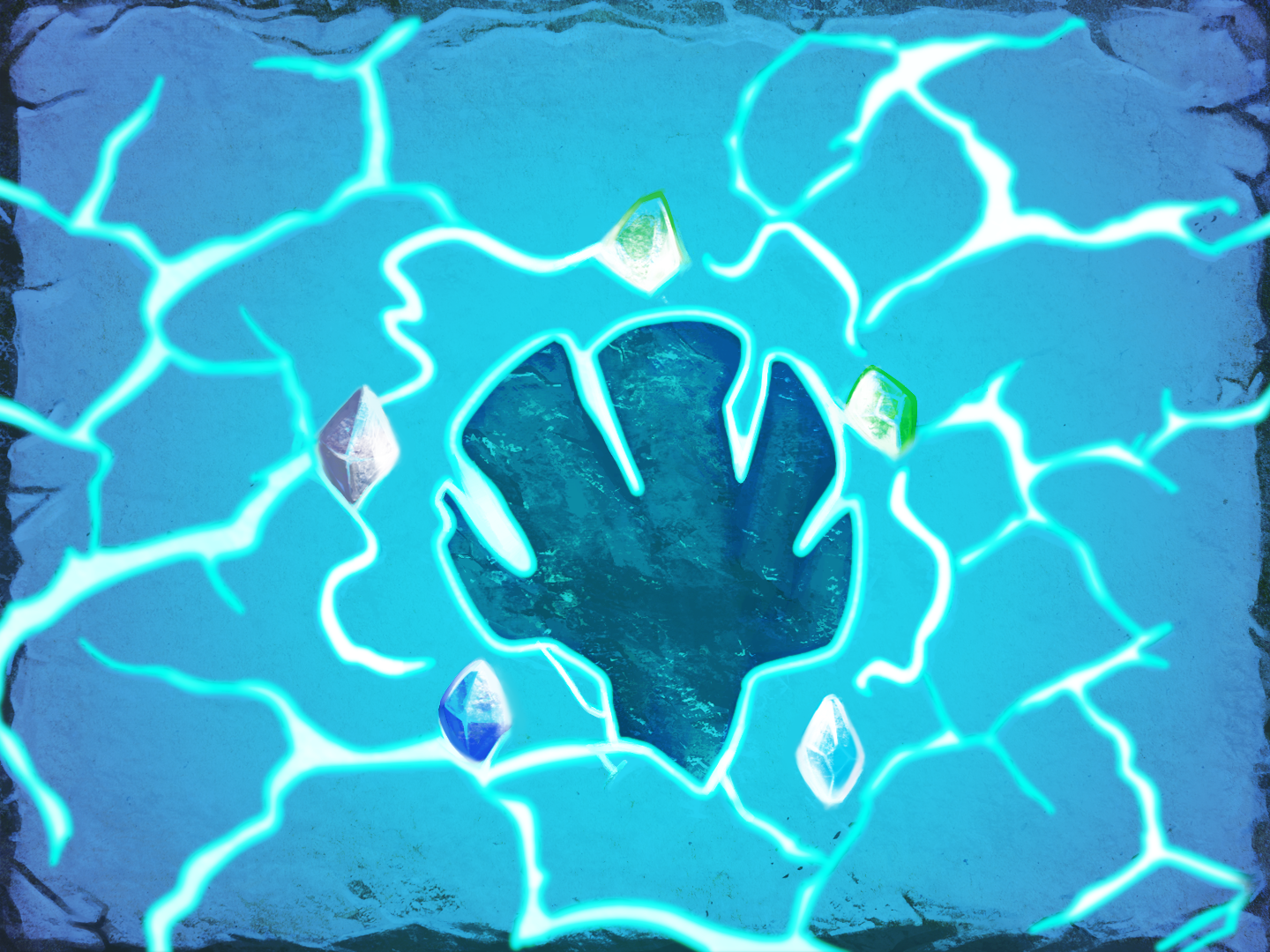 An etching of The Ancient's head surrounded by colorful Runes, on a blue background with white, glowing cracks in it.