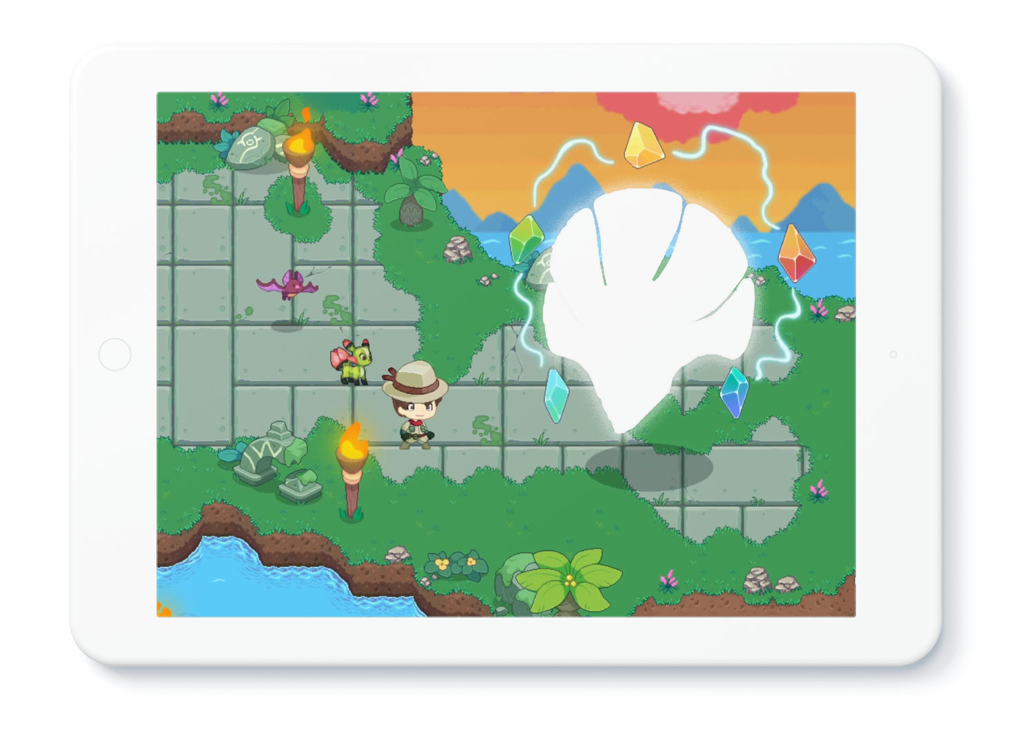 Illustration of tablet device with the Harmony Island Ancient battle featured on the screen.