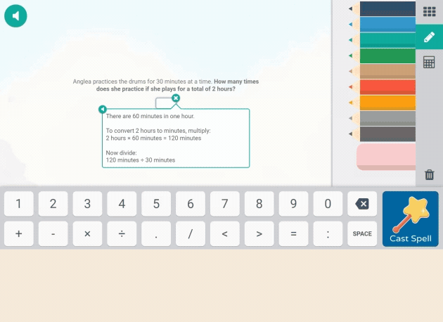 Animated image of the student Prodigy experience. A student answers a math question correctly, then casts a spell against their opponent.