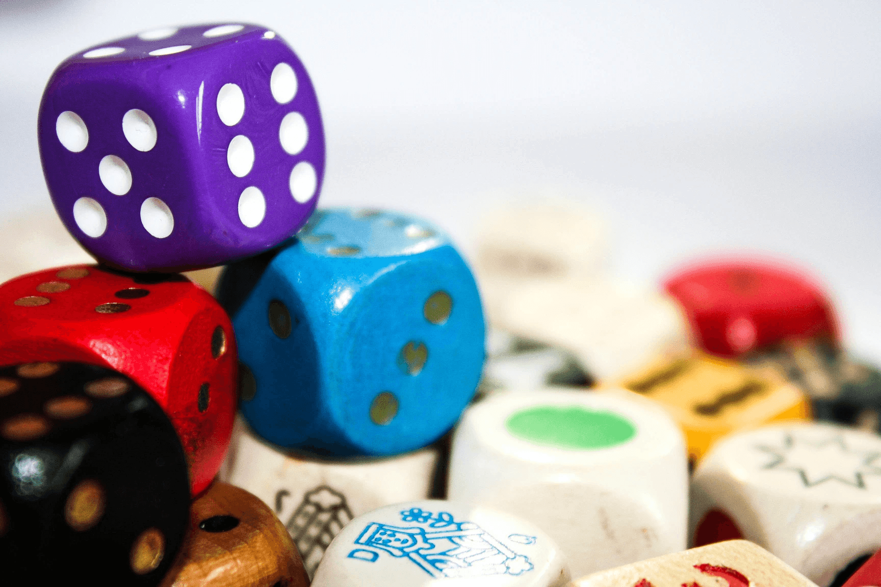 Pile of colorful dice for classroom math games.