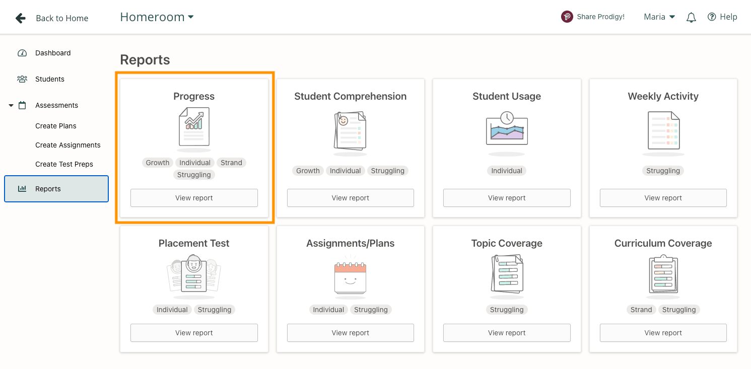 Screenshot of reports in Prodigy's teacher dashboard.