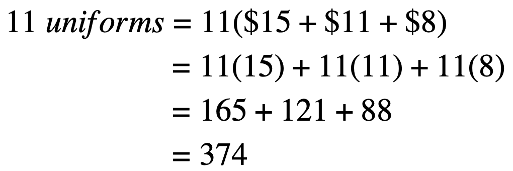 How much will it cost in total if the team has 11 players? Write an expression and simplify.