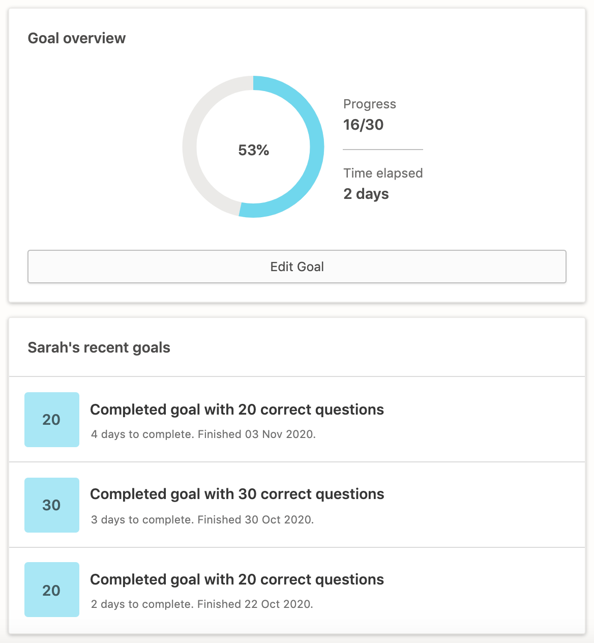 A screenshot of the Prodigy parent widget that allows them to see how their child is progressing with their math goal.