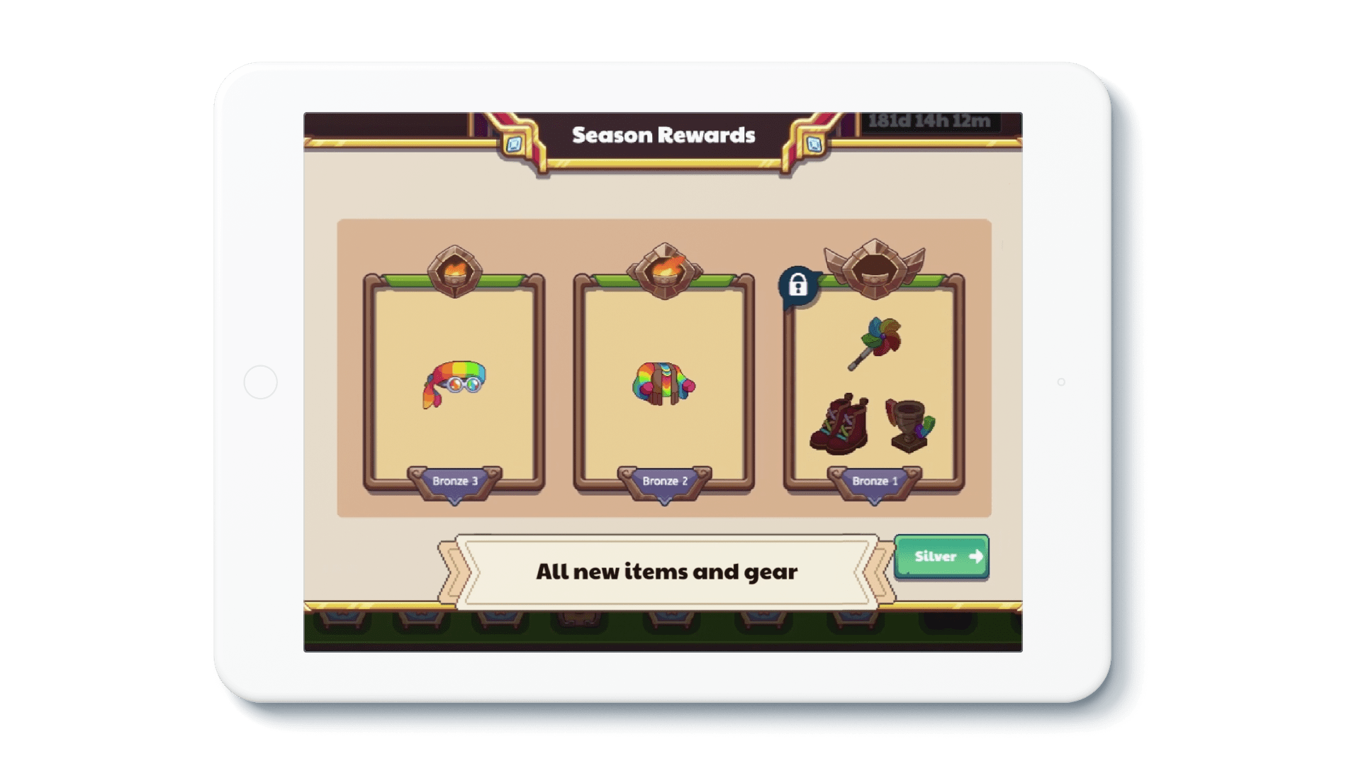 Tablet device showing in-game footage of the new Arena, with a banner that reads: "All new items and gear."