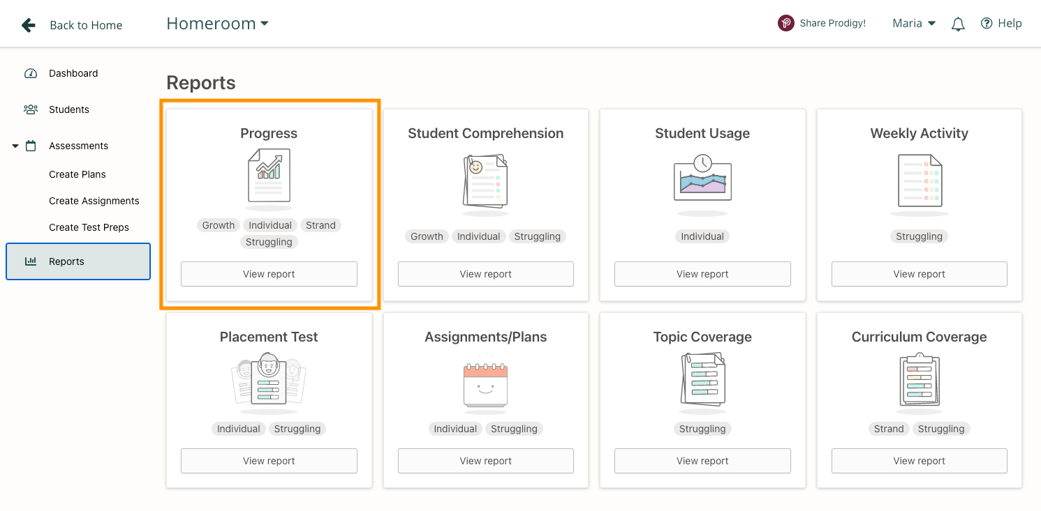 In-app image of the "Reports" section of a Prodigy teacher account.