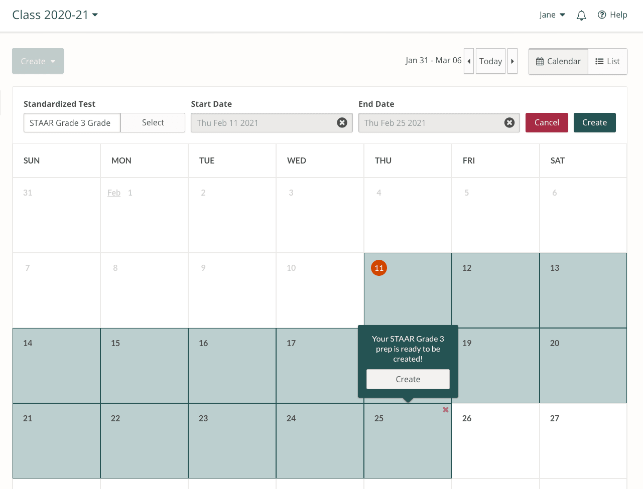 Screenshot of the process for selecting the start and end date for a Test Prep in the Prodigy teacher dashboard.