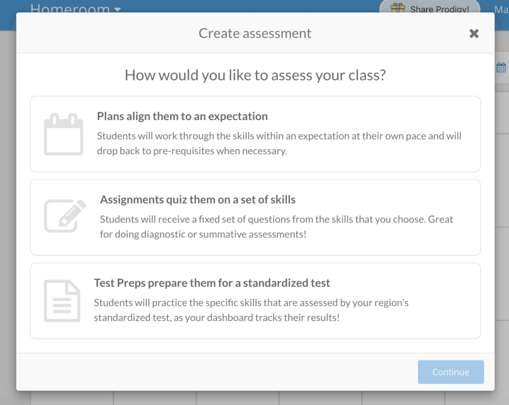 Create assessment pop-up for the teacher dashboard