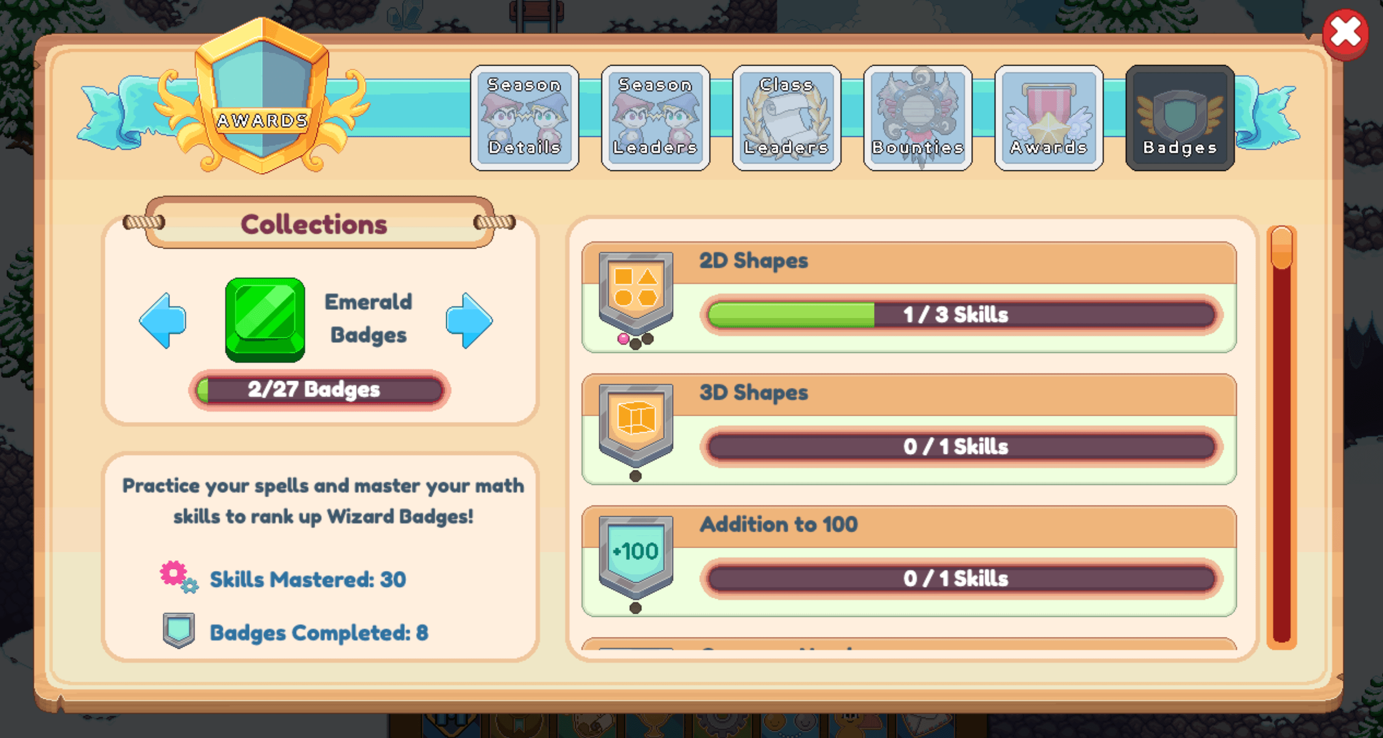 Screenshot of in-game badge collection for Prodigy Math Game