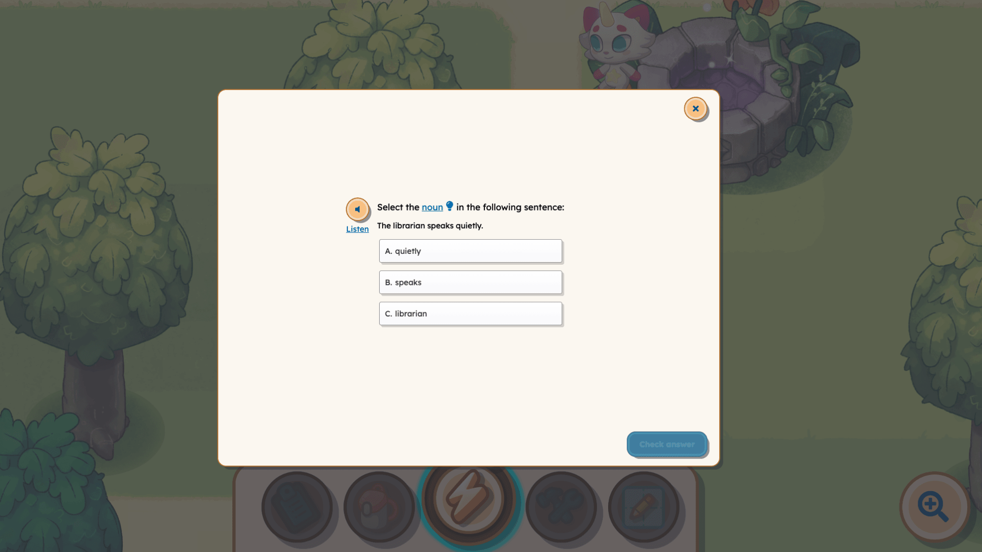 Screenshot of a grammar question in in Prodigy English. 