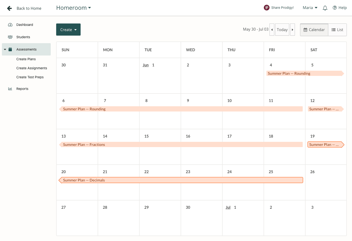 Summer calendar of Plans in Prodigy's teacher dashboard.