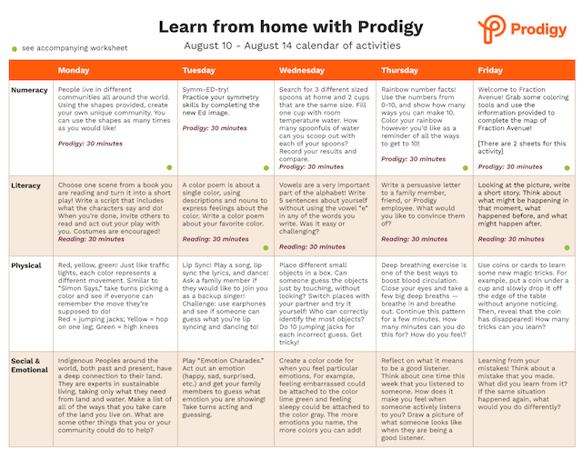An example of one of Prodigy's free activity calendars.
