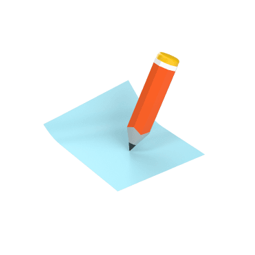 3D animation of a light blue sheet of paper and orange pencil writing on the paper.