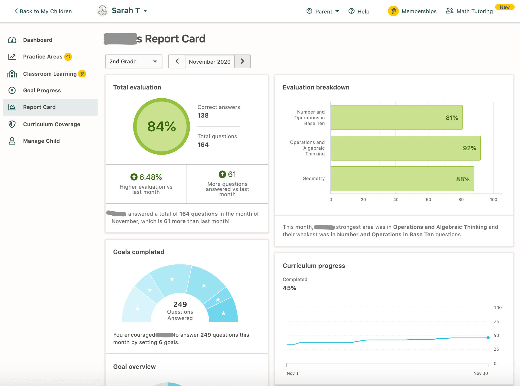 An overview of child's report card available in the free Prodigy parent account.