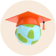 A circle image of a globe wearing an orange graduation cap.