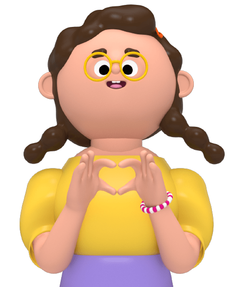 An illustration of a character making a heart with her fingers