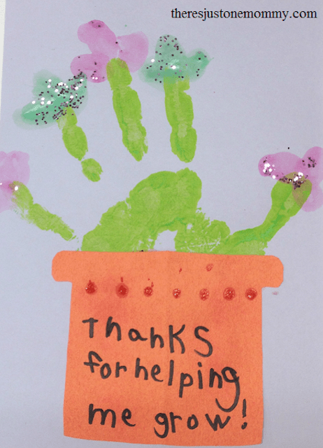 Homemade card with a plant painted on it that reads "thanks for helping me grow!"