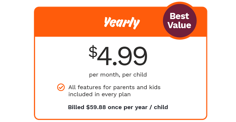 Screenshot of yearly Premium Membership offering, which offers the best value at $4.99 per month, per child