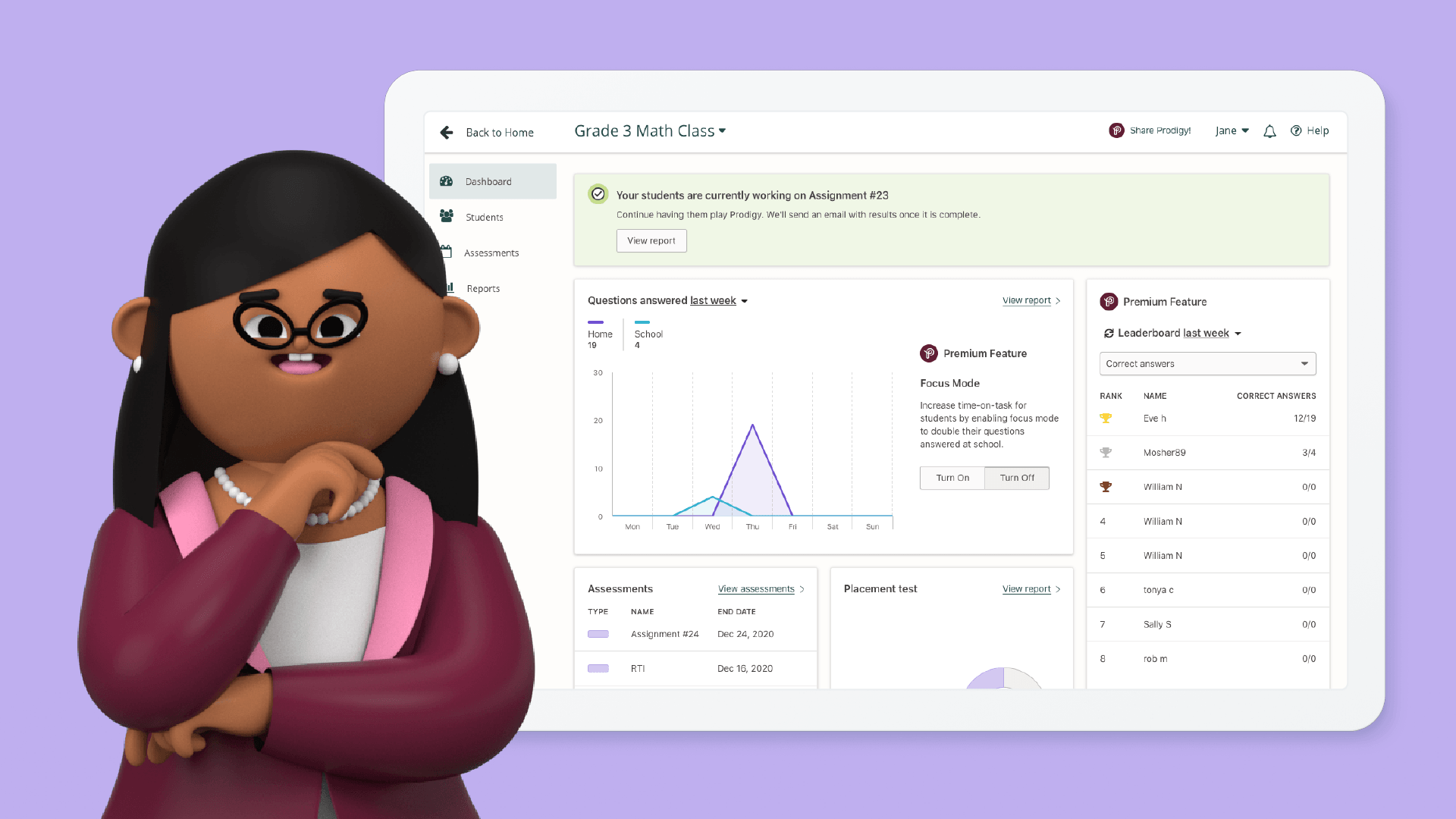 Animated teacher standing in front of a tablet with a screenshot of Prodigy's teacher dashboard on it. 