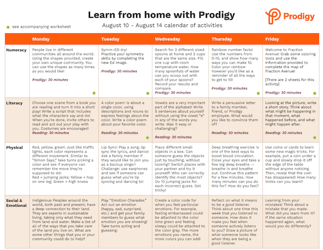 Prodigy's activity calendar.