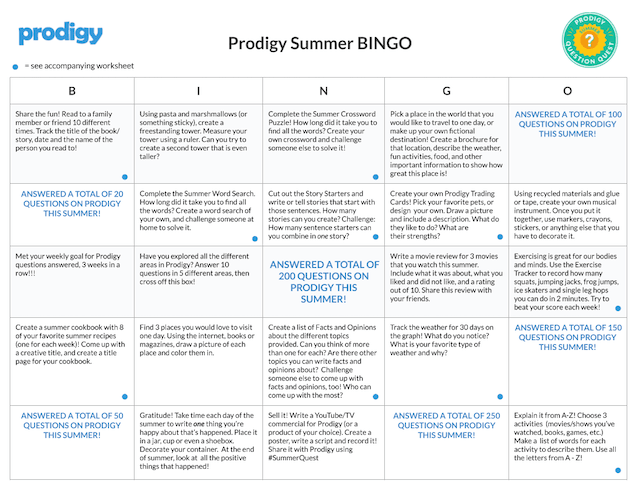 Prodigy Summer Bingo activity for kids.