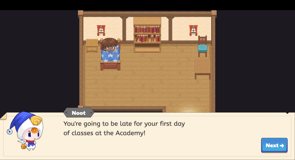 In-game image of Noot, a character in Prodigy Math Game, telling the player: "You're going to be late for your first day of classes at the Academy!"