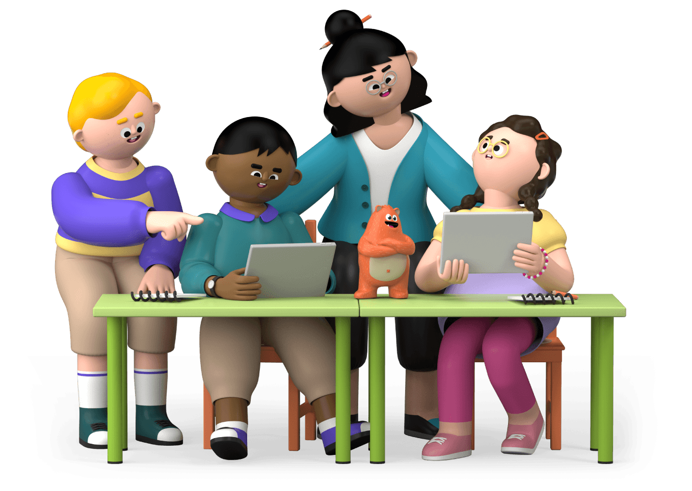 A graphic of 3 students learning with a teacher and Prodigy's Ed.