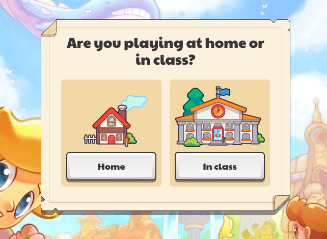 Prodigy Math Game selection screen that reads, "Are you playing at home or in class?"