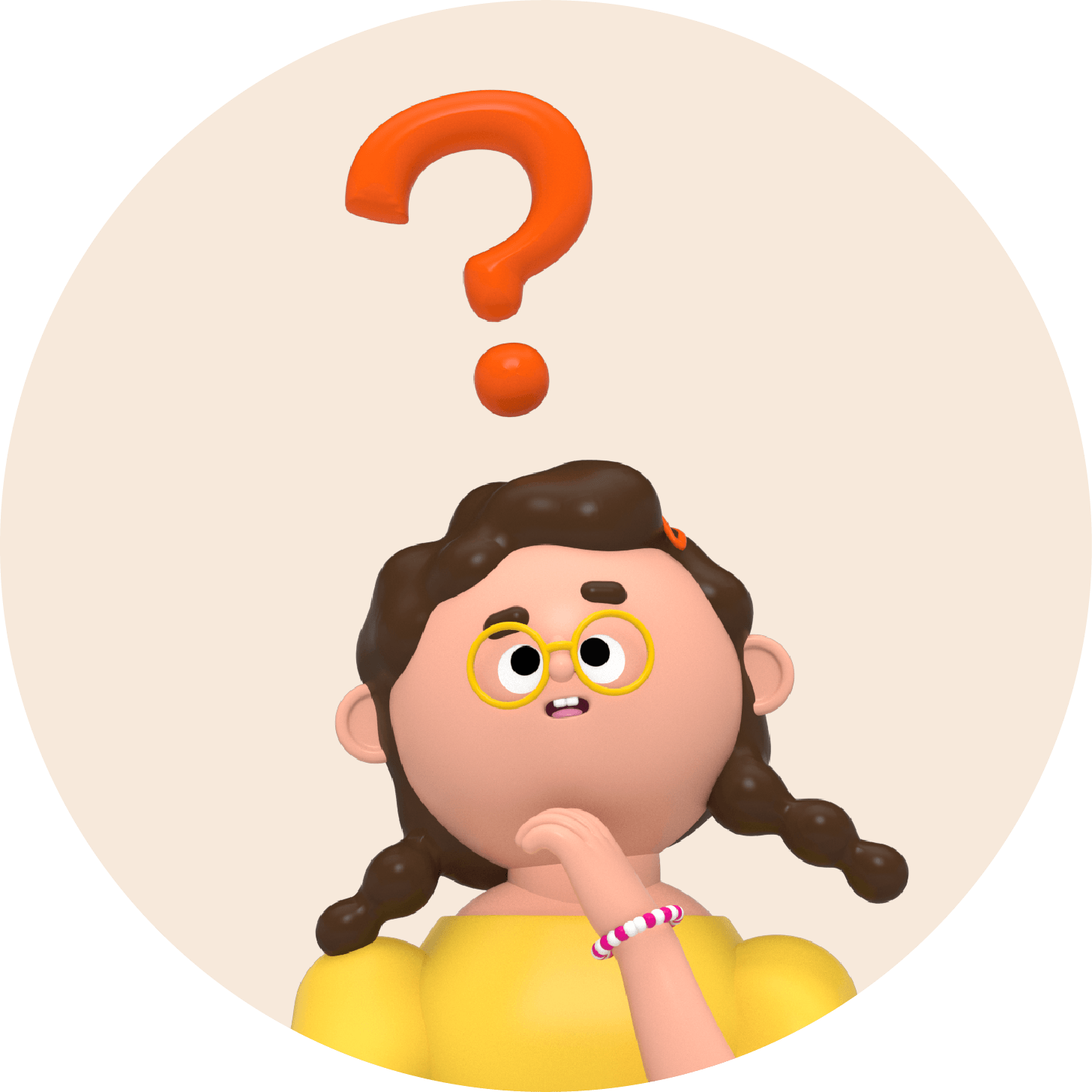 3D illustration of a woman considering a Prodigy Premium Membership for her child, with a question mark floating above her head.