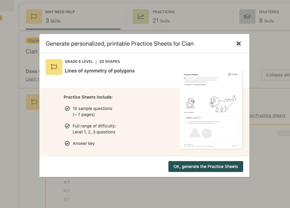 In-screen image of the Practice Sheets feature for parent Premium Members.
