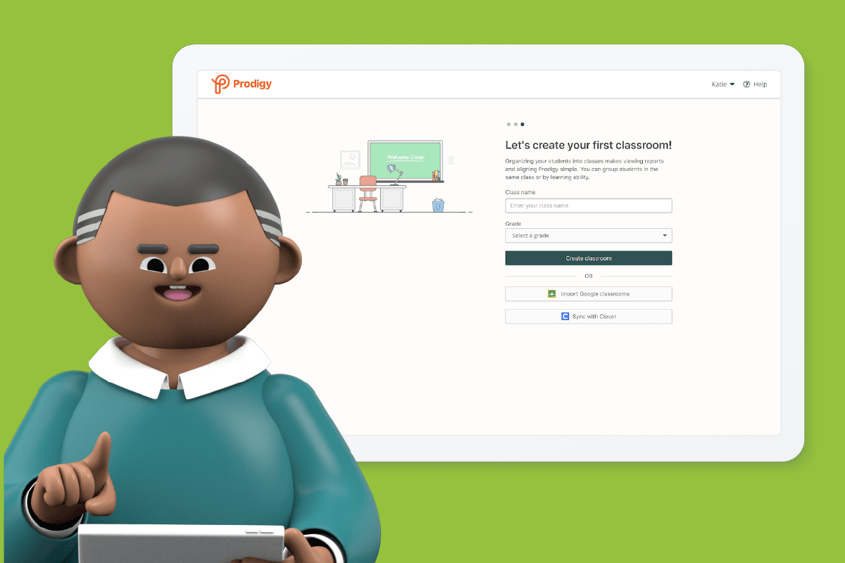 An animated male teacher creating his first Prodigy Classroom with Clever.
