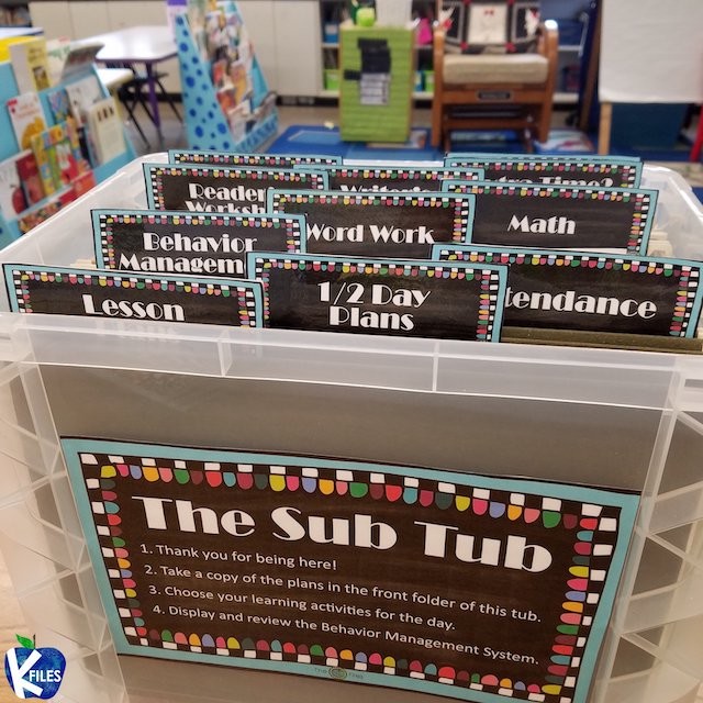 "Sub tub" with labeled sections for lesson plans and more.