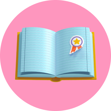 Book graphic with a merit over a pink circle.