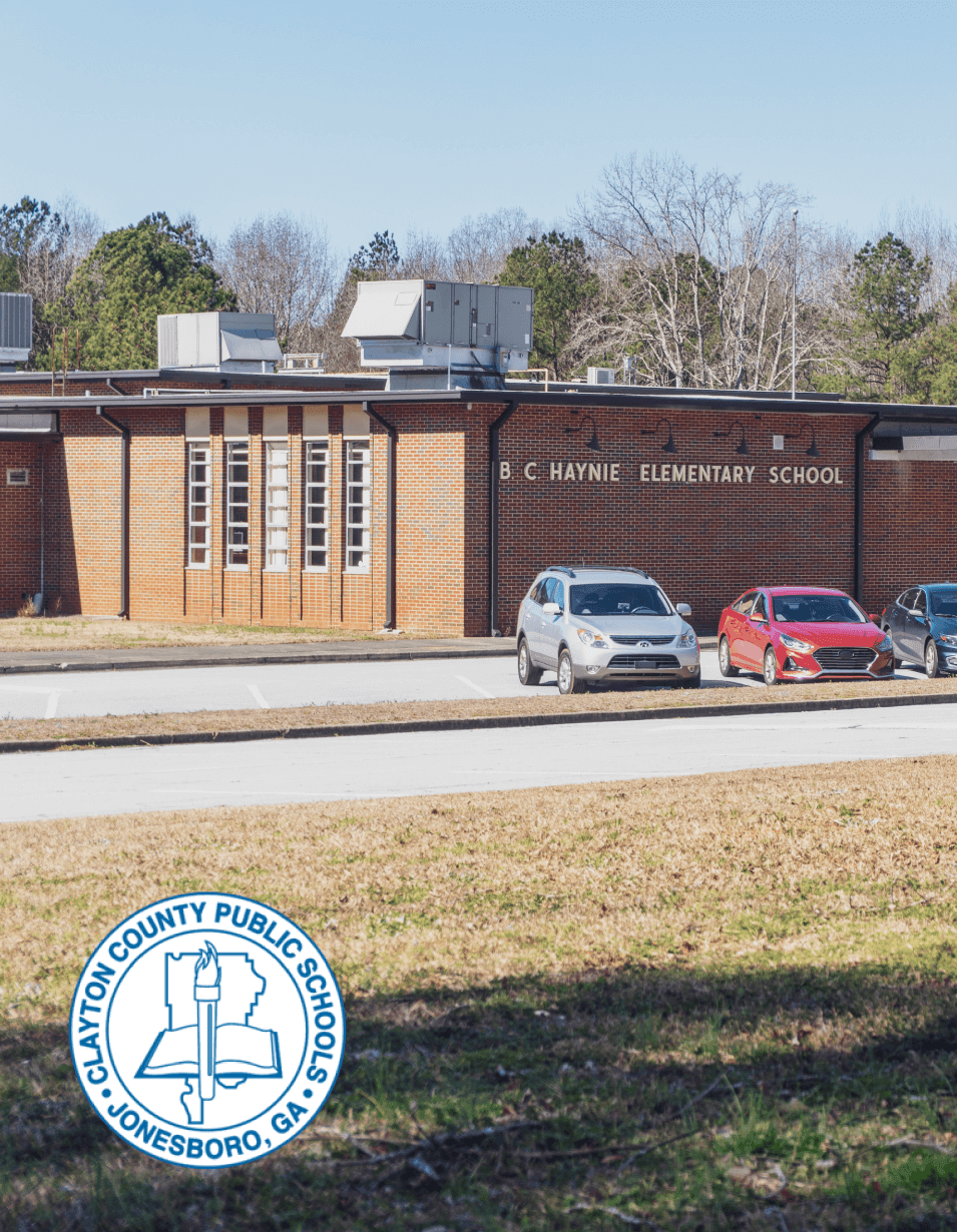 A picture of the outside of B C Haynie Elementary School in Clayton County, Georgia with the school logo.