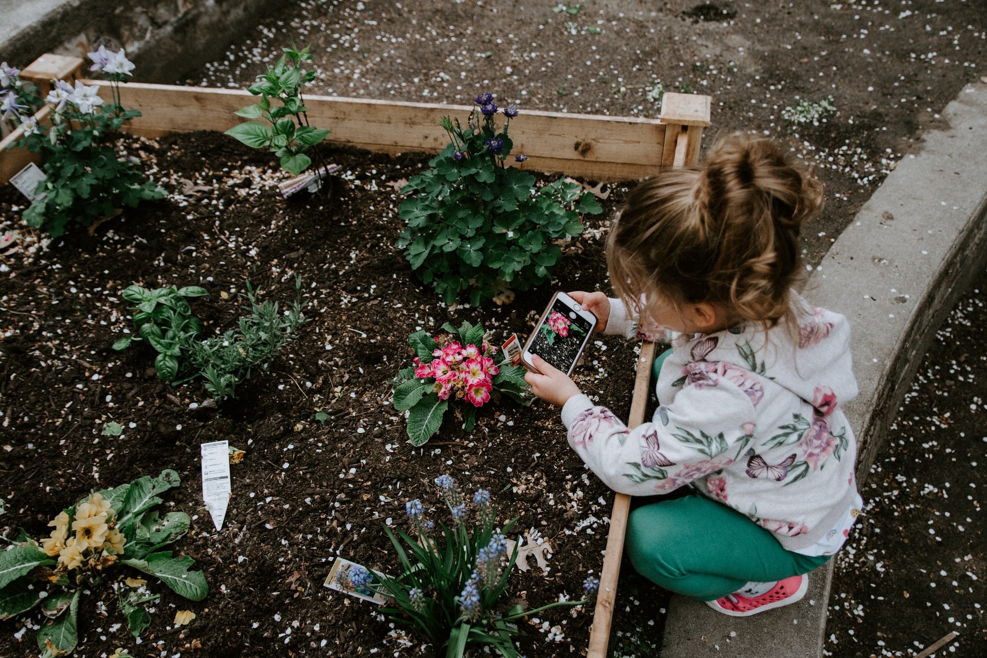 A young girl works in a garden filled with flowers.