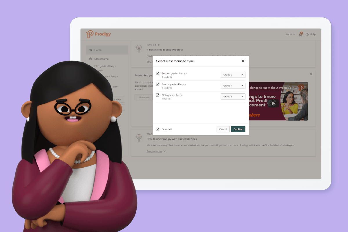 An animated female teacher syncing her Prodigy Classrooms with Clever.