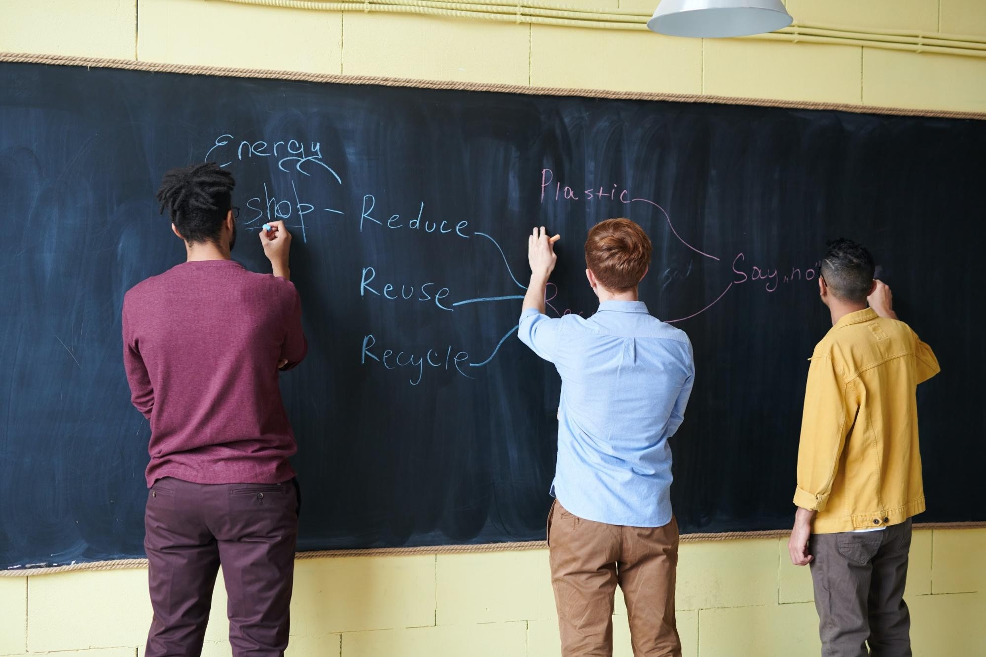 Three students stand at a blackboard and draw a flowchart.