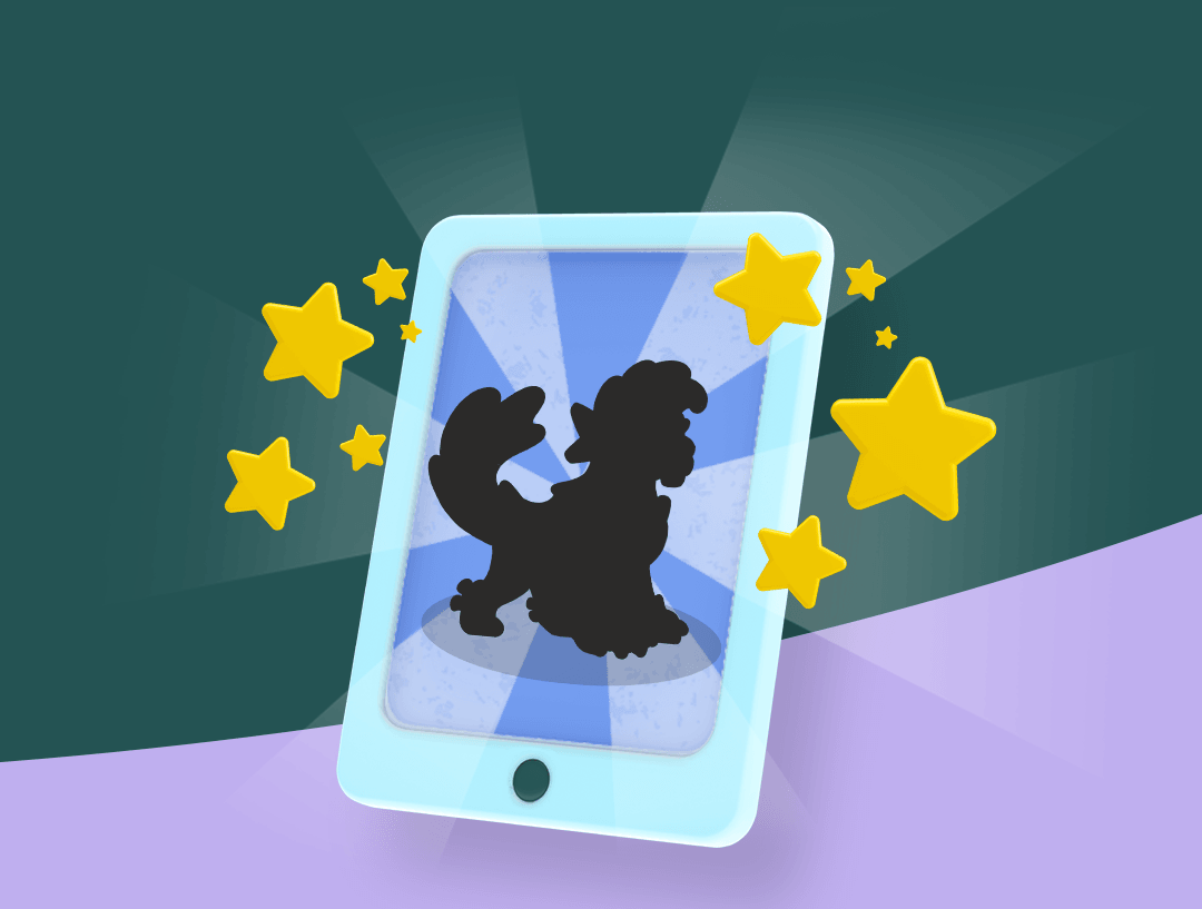 A tablet surrounded by stars, featuring the shadow of a Prodigy pet on the screen.