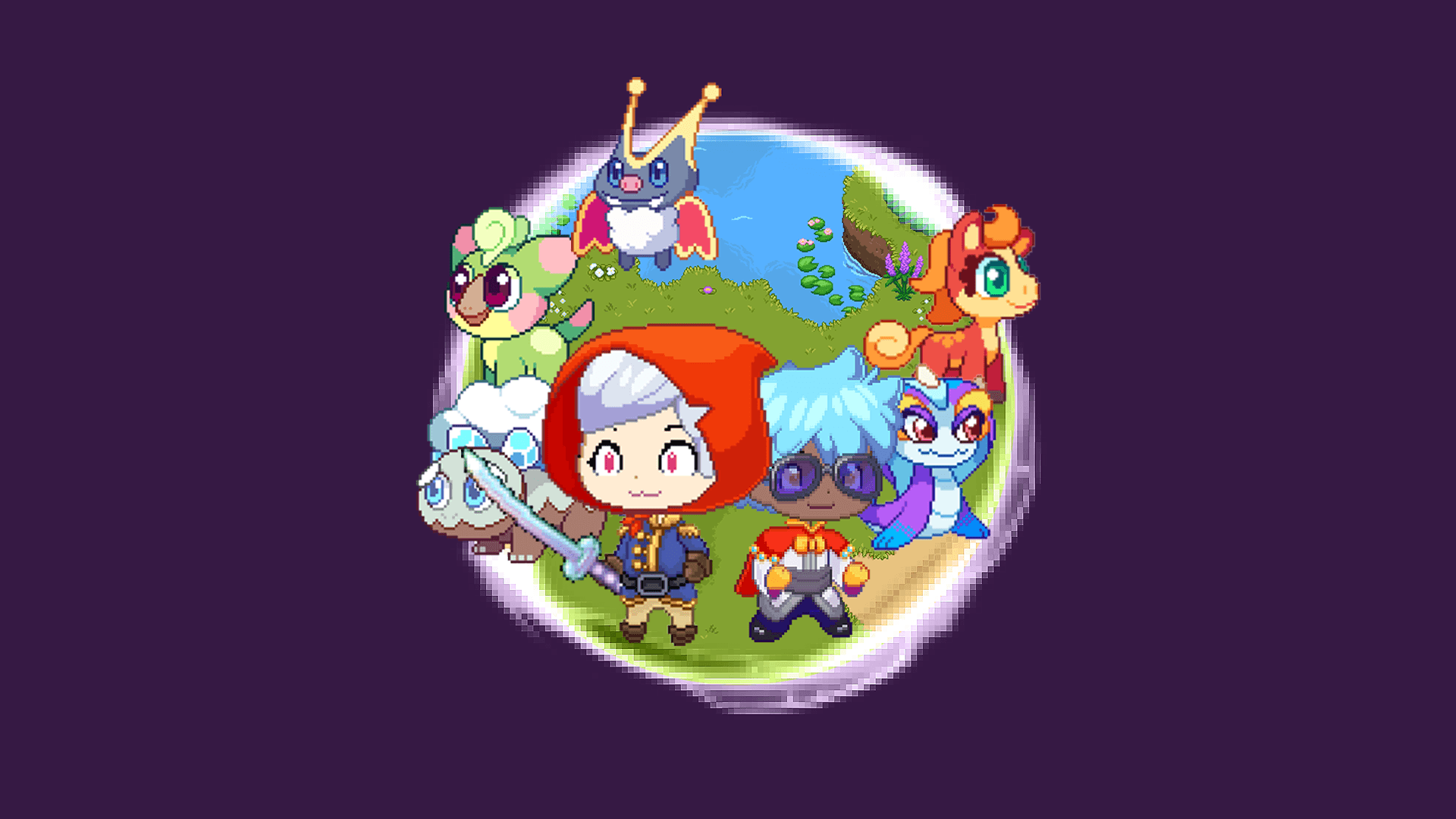 Featured image for the Prodigy Math Game Portal. Purple background that has a circle in the center, with an image inside of two Prodigy characters and five Prodigy pets in the background.