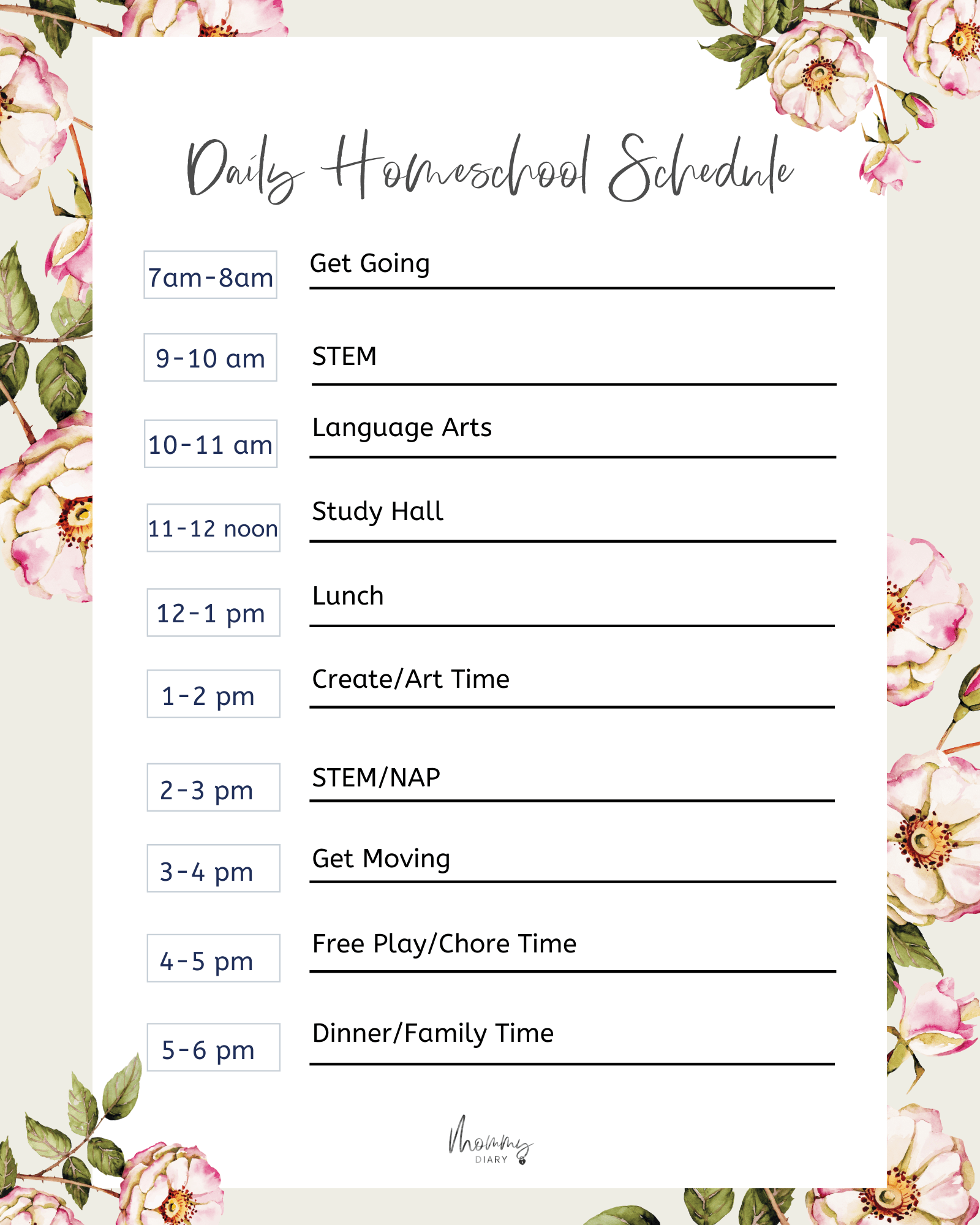 Daily homeschool schedule template from Mommy Diary
