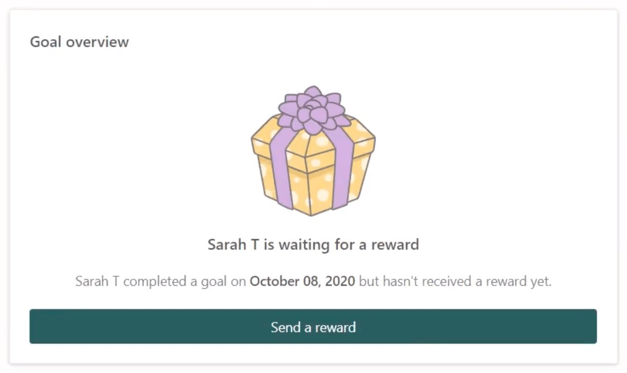 A screenshot of the Prodigy parent account goal overview section saying their child is waiting for a reward for completing the goal.
