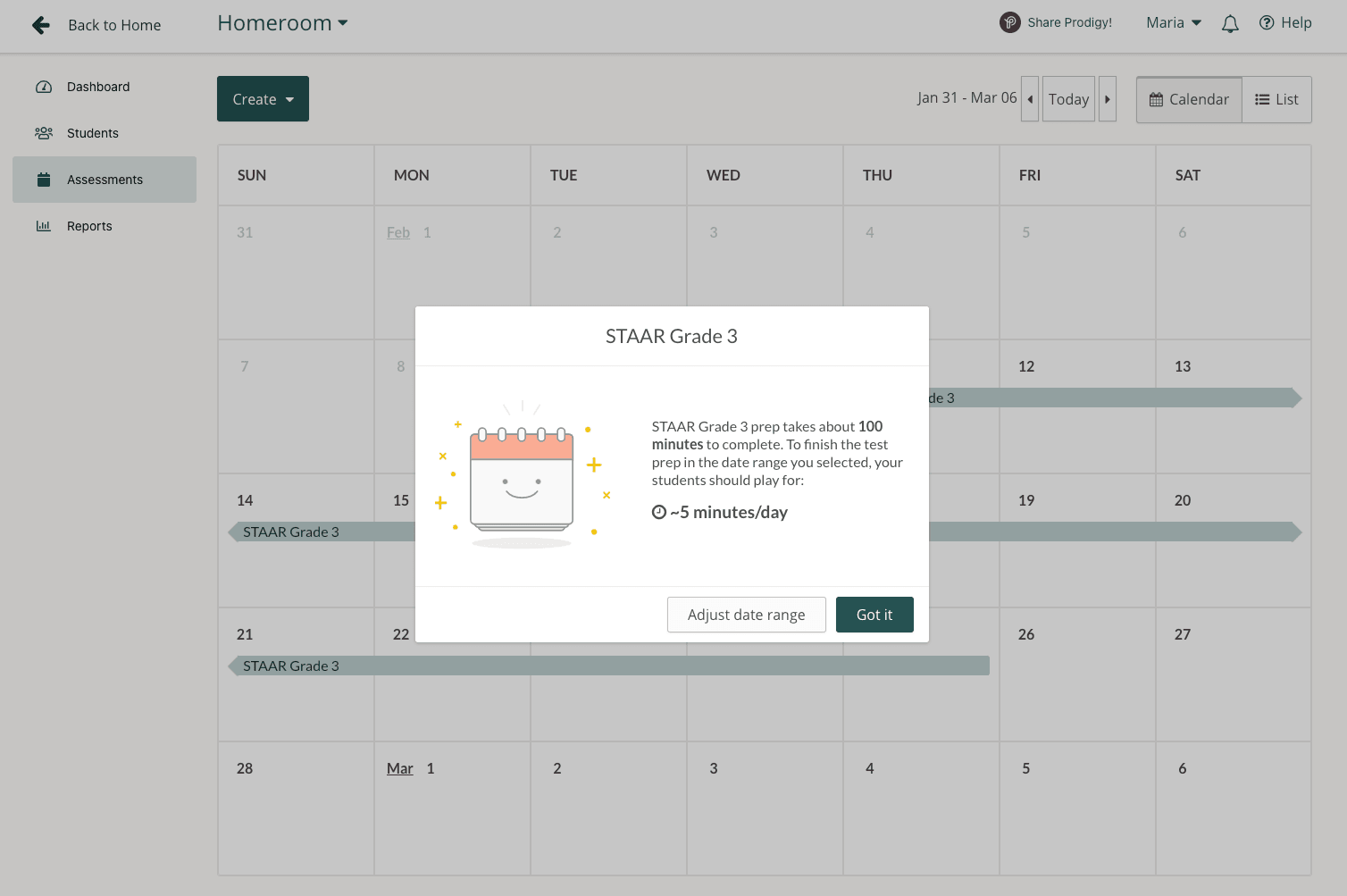 Screenshot of Prodigy's test prep tool in the Prodigy teacher dashboard.