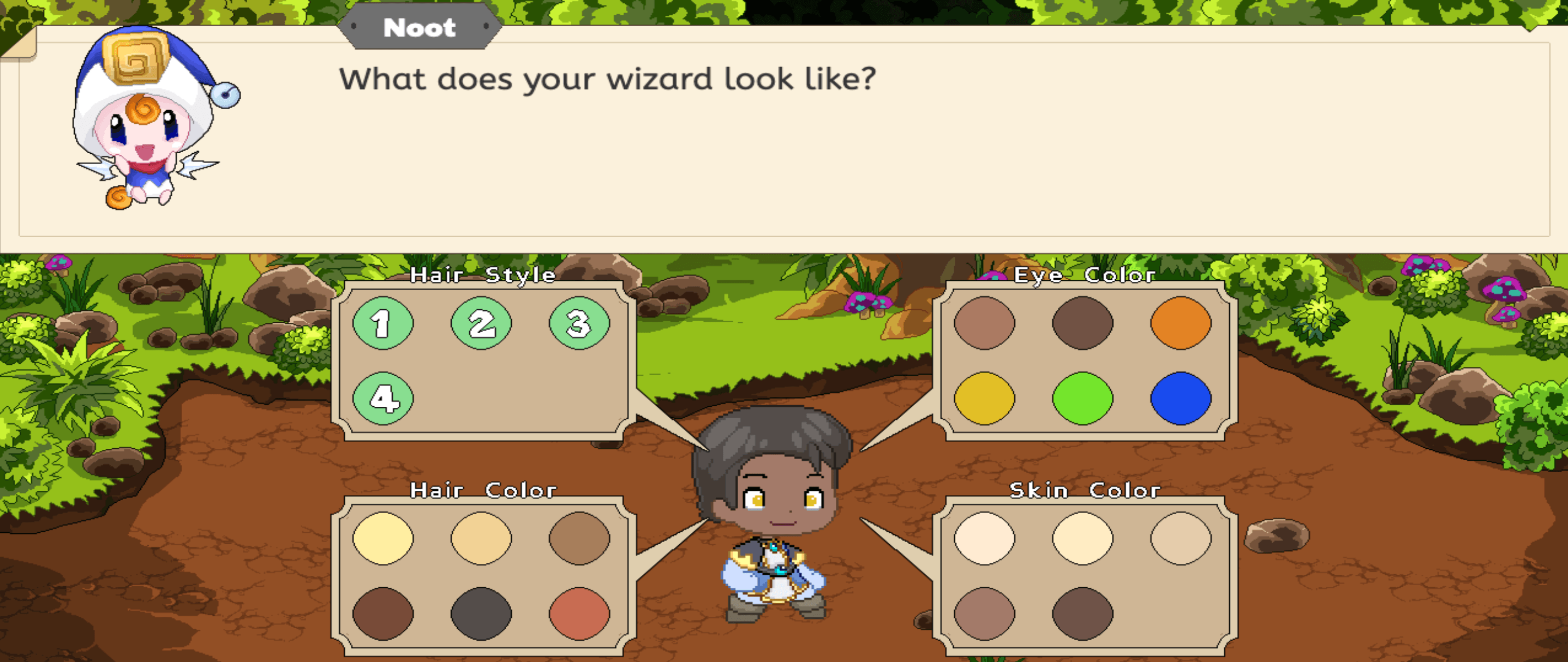 Example of Prodigy Math's wizard creation process with customizations for hair, eye and skin color.