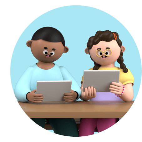 3D animated images of two students sitting at a desk using tablets