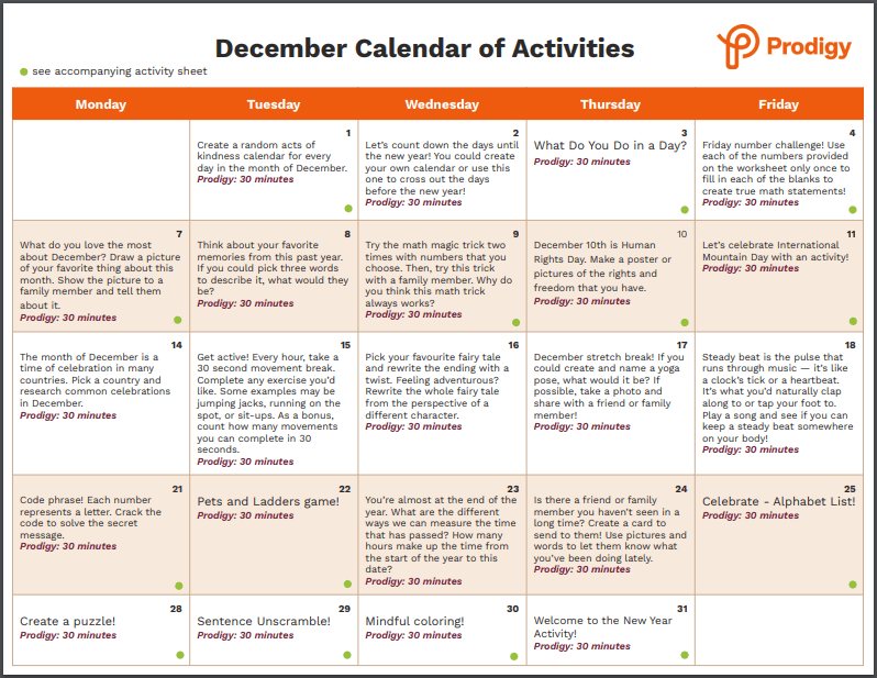 A screenshot of the December calendar of activities.