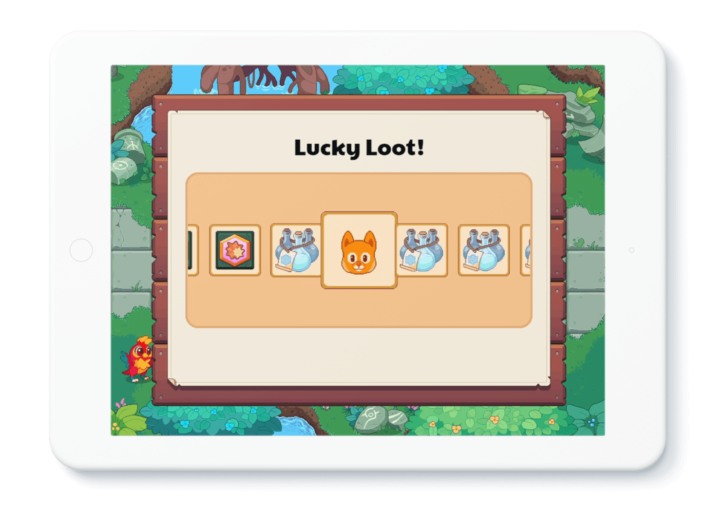 Illustration of tablet device with in-game loot on-screen. Text on screen says "Lucky Loot!"