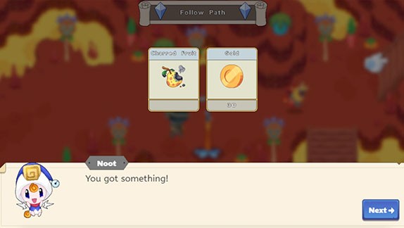 In-game image of two new items (Charred Fruit and a Gold Coin) with a banner from Noot that reads, "You got something!"