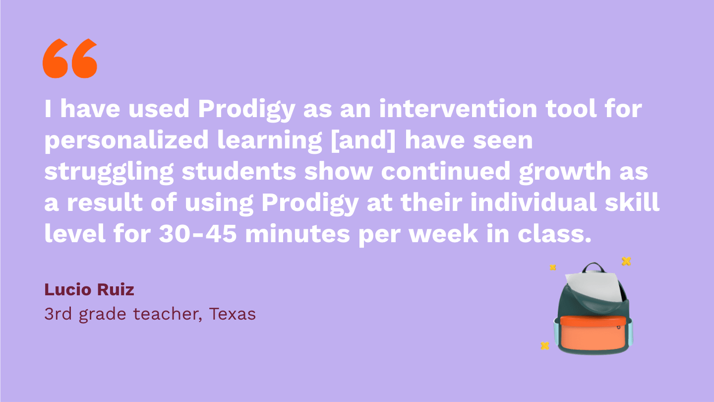 I have used Prodigy as an intervention tool for personalized learning [and] have seen struggling students show continued growth as a result of using Prodigy at their individual skill level for 30-45 minutes per week in class. Lucio Ruiz, third Grade Teacher, Texas.