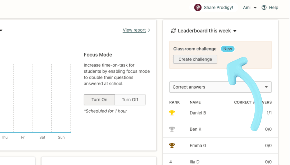 Screenshot of Prodigy's new Classroom Challenge feature in the Prodigy teacher dashboard.